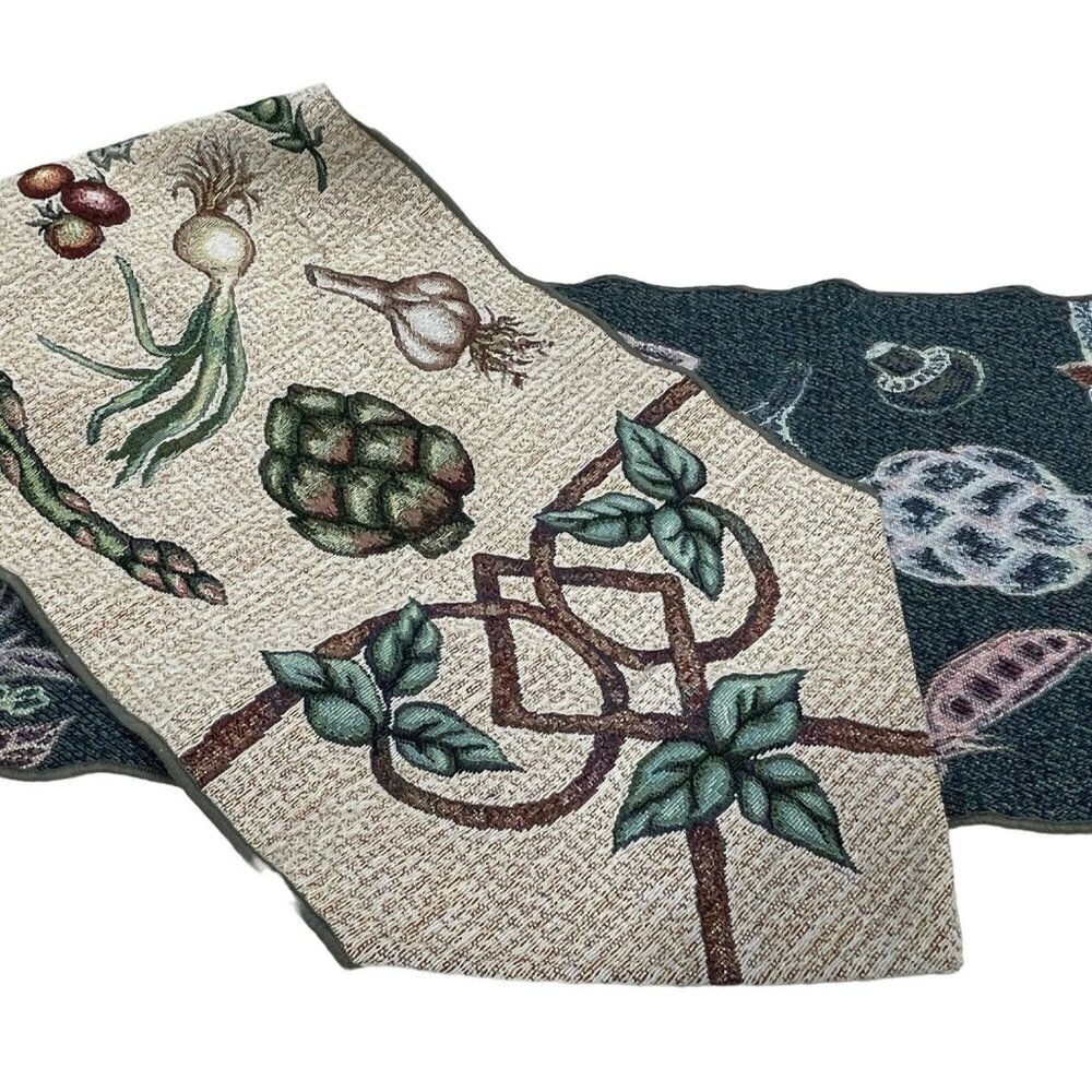 Vegetable Print Tapestry Table Runner 70s Kitchen Decor 12x64 Beige &‎ Green
